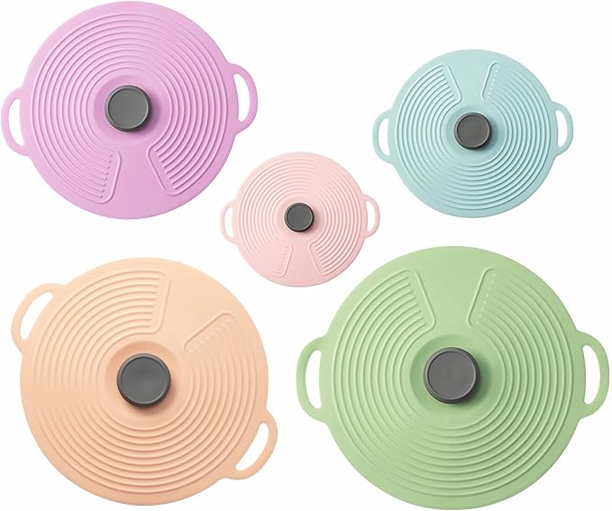 MIWOGA 5 Pack Silicone Lids for Bowl, Microwave Splatter Cover, 5 Sizes Reusable Heat Resistant Suction Lids Fits, Bowls, Plates, Pots, Pans, Skillets, Stove Top, Cups, Oven, Fridge Dishwasher Safe