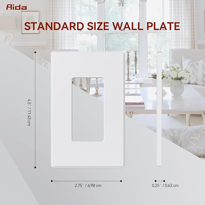 AIDA 1-Gang Screwless Decorative Wall Plates, Standard Size Unbreakable Thermoplastic Faceplate Cover for Decorator Receptacle Outlet Switch, UL Listed (50 Pack, Matte White)