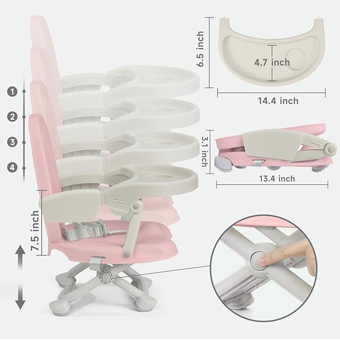 YOLEO Baby High Chair Booster Seat for Dining Table, Foldable High Chairs with Adjustable Heights, Travel Booster Seat with Removable Tray