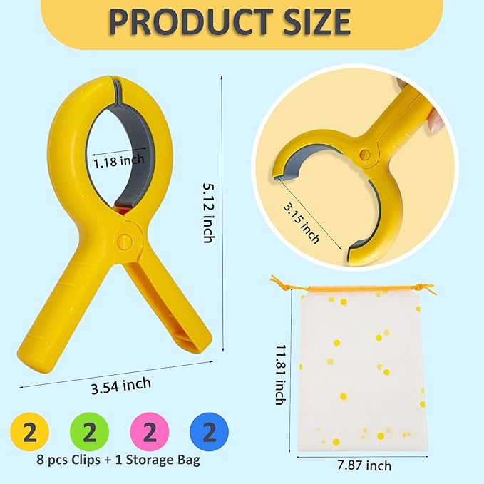 5.1"Jumbo Beach Towel Clips 8 Pcs, Storage Bag Included, Towel Clamps, Plastic Clothes Pegs Hanging Clamps, for Pool Cover/Cruise Chairs, Heavy Duty Clothes Pins Beach Accessories (Jumbo Size - 8 pcs)