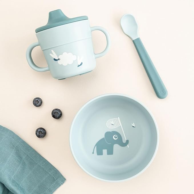 Done by Deer Foodie First Meal Set with Suction Base – Elphee – Blue – 3-Piece Baby Feeding Set with Bowl, Spout Cup & Spoon – Elephant Motif – Microwave & Dishwasher Safe