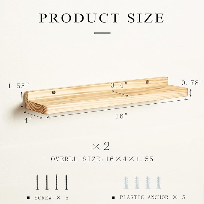 Freezing point Floating Shelves for Wall Set of 2 Natural Wood 16Inch Wall Shelf Decor Plant Display Collectibles Mounted Kitchen Bathroom Bedroom Corner Decorative Storage Stand Carbonized
