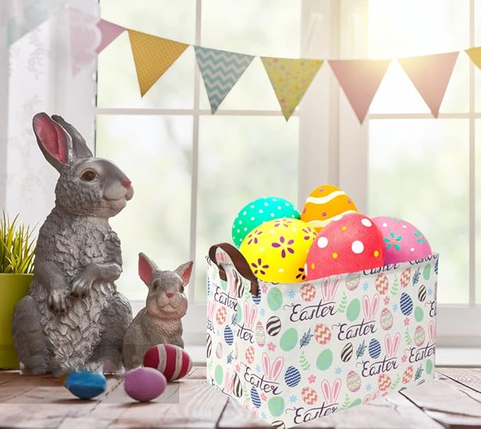 Sanjiaofen Rectangular Easter baskets , Kids Easter Basket Organizer.Cute Storage Basket with Handles.Boys and Girls,Easter Bunny Eggs Decor,Books,Easter Gifts . (Easter bunny eggs)