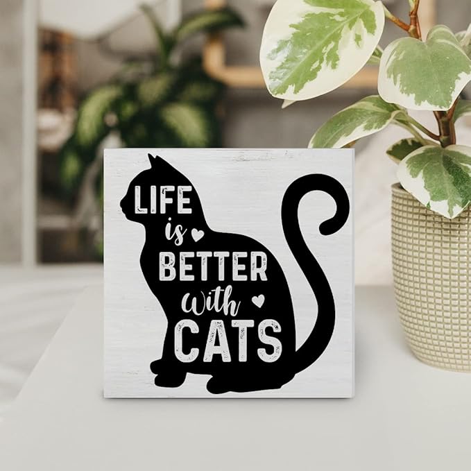 Life is Better with Cats Wood Box Sign Decor Desk Sign Cat Quote Wooden Box Block Sign Rustic Home Shelf Wall Decoration