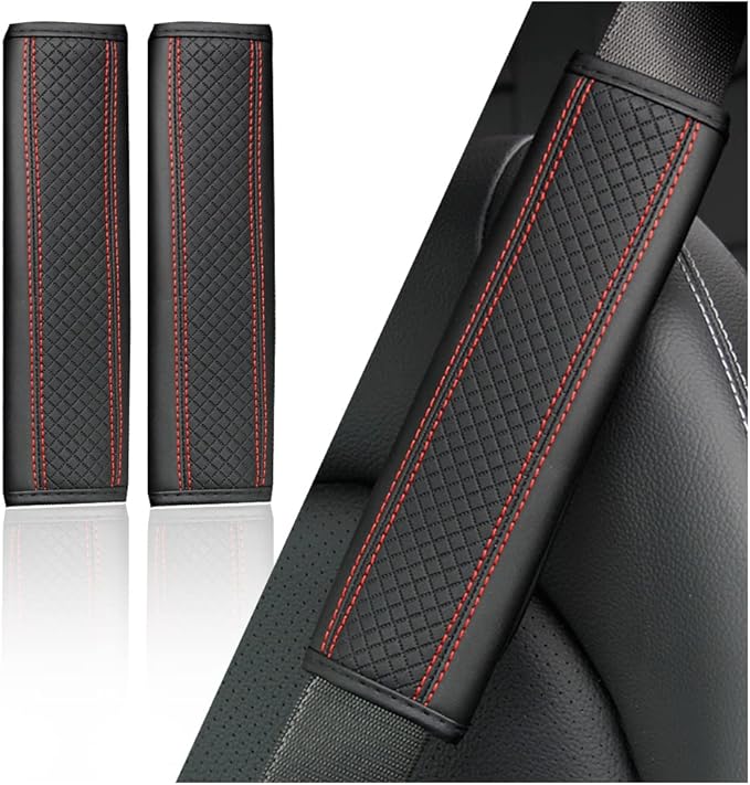 2PCS Car Seat Belt Cover Pad,Breathable Leather Seatbelt Covers for Shoulder Protection and Car Decorations,Universal Seatbelt Cushion Adding Car Seat Strap Pads Car Accessories Interior (Black/Red)