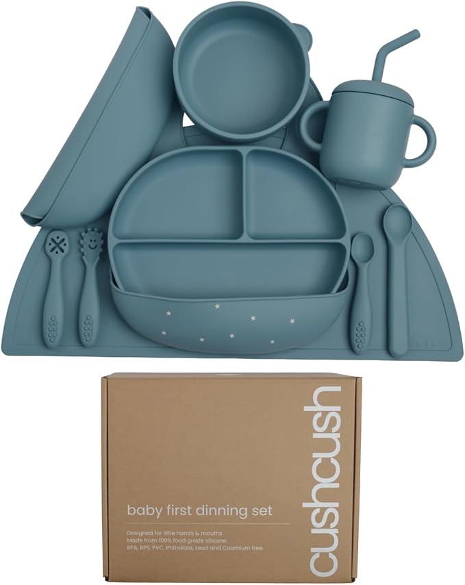 Silicone Baby Feeding Set, Baby Led Weaning Supplies, First Stage Solid Food eating Utensils, Divided Suction Plate, Bowl, Bibs, Sippy Cup, Placemat, 6+ months Newborn Gift (Pastel Blue)
