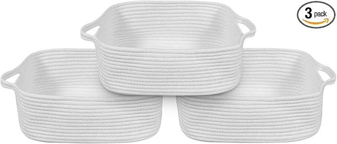 Small Cotton Rope Basket for Organizing,3 Pack Woven Baskets for Storage,Closet Organizer and Storage Basket with Handle,Decorative Gift Basket Empty,Nursery Toy Basket,White