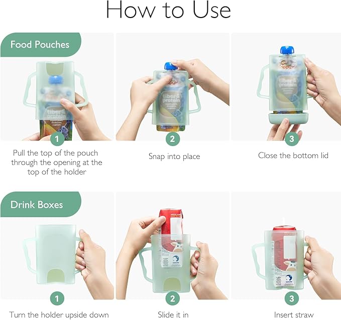 Momcozy Baby Pouch Holder No Squeeze, Baby Food & Juice Box Holder, Mess-Free, Easy Grip for Self-Feeding, BPA-Free & DEHP-Free, Must-Have for Babies, Green