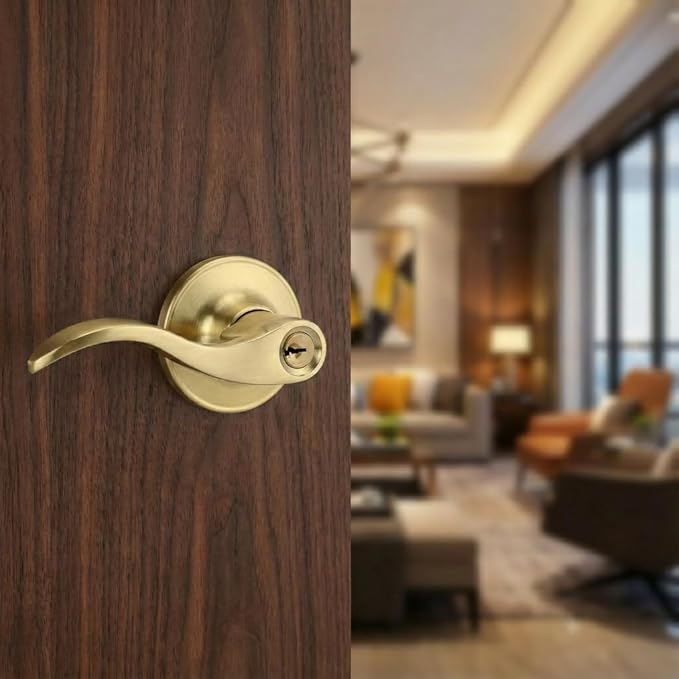 1 Pack of HENYIN Wave Lever Keyed Entry Door Lock/Door Knob Hardware Handle and Closet Lockset, Gold Color, with Key,Left Hand(805-G-L)