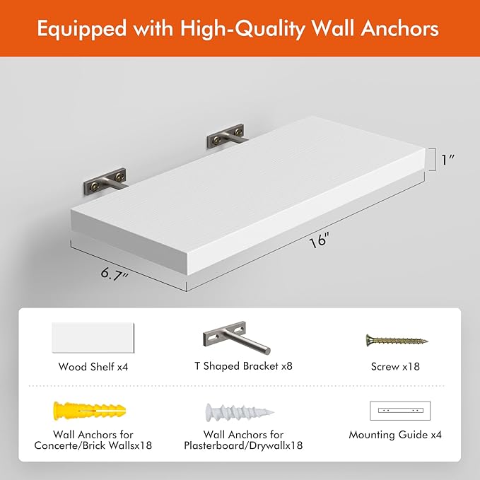 16’’White Floating Shelves for Wall Set of 4,Rustic Wood Shelf for Room Decor/Storage/Display,Small Bookshelf,Wall Mounted Hanging Shelves for Bedroom, Bathroom, Living Room, Kitchen
