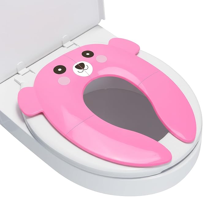 Maliton Travel Potty Training Seat for Toddler, Portable Foldable Potty Seat Cover Fits Round & Oval Toilets, Non-Slip Toilet Seat with Free Travel Bag(Pink Bear)