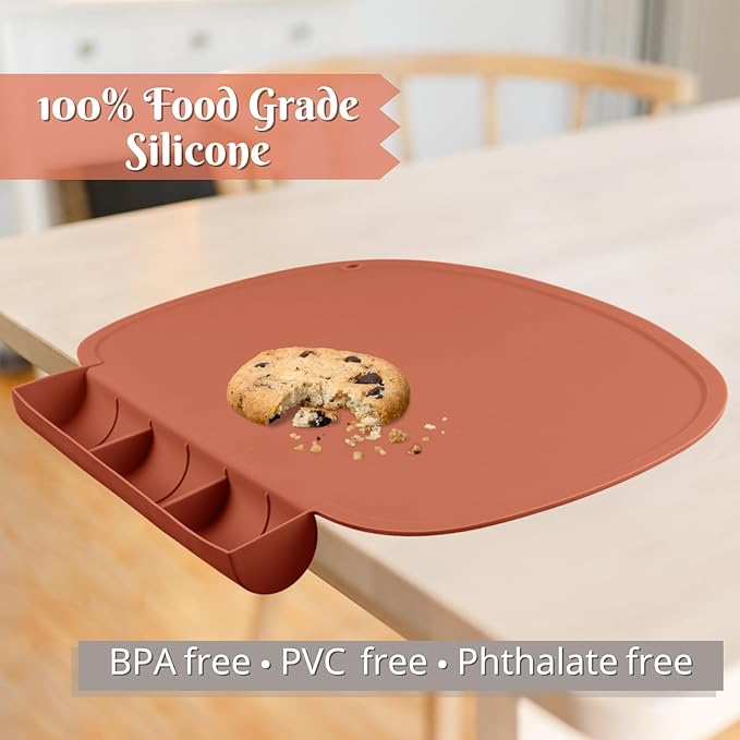 Silicone Placemat with Food Catching Pockets for Baby & Kid, Food Grade Silicone Non-Slip Toddler Food Place Mats with Raised Edges for Dining Table (Clay)