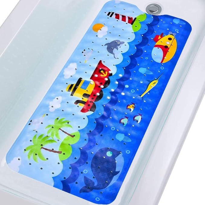 Tubozadi Bath Mat for Tub for Kids Non Slip Bathtub Mat for Baby Toddler Extra Long Bathroom Shower Mat with Suction Cups,Drain Holes,40X16 Inch,Ships