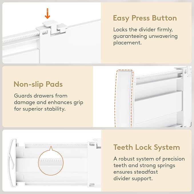 Lifewit Drawer Dividers for Clothes, 3.2" Tall 10.5"-16.5" Expandable Dresser Drawer Organizers, Adjustable White Plastic Separators for Kitchen, Cabinet, Nursery, Socks & Underwear Storage, 4 Pack