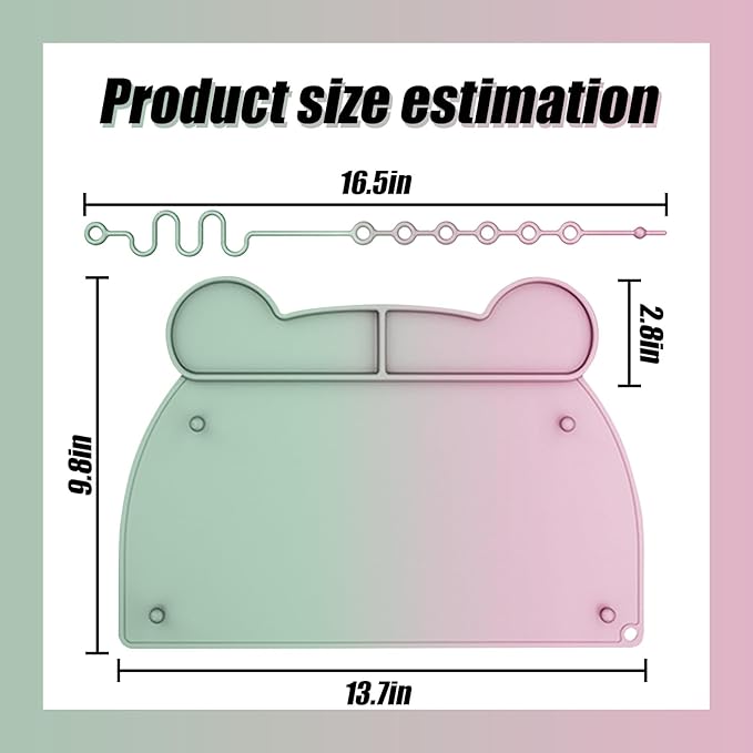 2 Pack Silicone Baby Placemats with Suction Base and 8 Stretchable Straps, Busy Baby Mats That Stick to Table, Baby Placemats for Restaurants, Pink Green