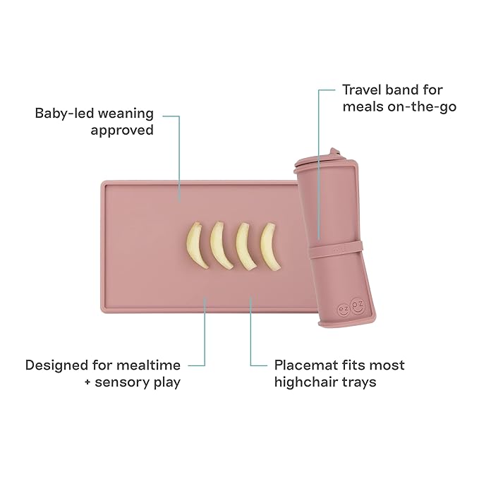ezpz Tiny Placemat (Blush) - 6 Months+ - Non-Slip, 100% Silicone Placemat for Infants and Toddlers - Fits on Most Highchair Trays - Rolls-Up - Baby Led Weaning Supplies