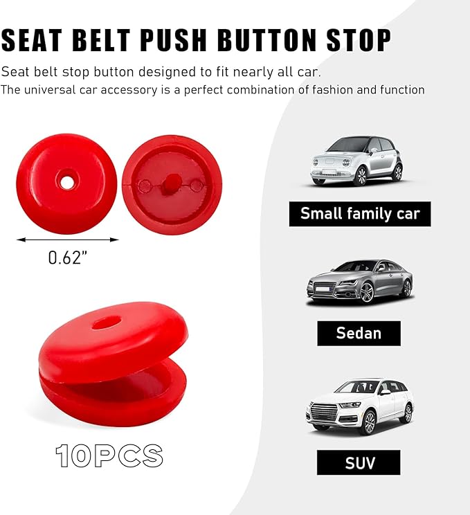 10 Sets Seat Belt Button Stop, Snap-On Plastic Seatbelt Stopper Clip Prevent Seat Belt Buckle from Sliding Down, No Welding Seat Belt Stop Kit, Universal Car Accessories (Red)