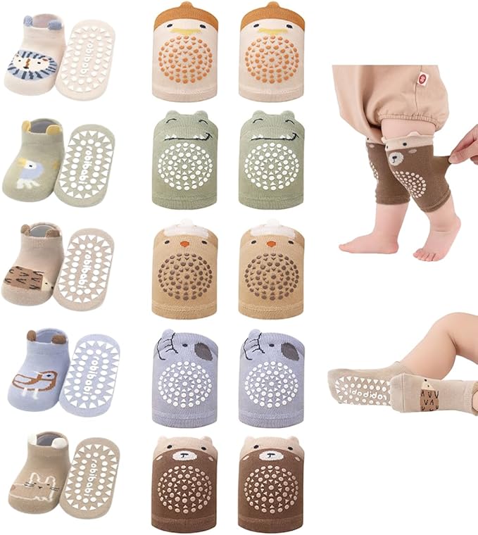 Baby Crawling Knee Pads and Socks with Anti-Slip Grips 10 Pairs Unisex Baby Toddler Nonslip Kneepads & Ankle Socks