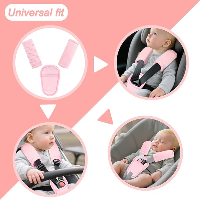 Car Seat Straps Pads for Baby Girls 3 Pieces,Super Soft Car Seat Strap Covers Kids,Man Fai Sky Infant Carseat Shoulder Pading, Hip Support for All Car Seats, Pushchair, Stroller(Pink)