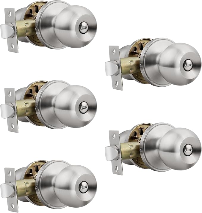 Knobonly 5 Pack Privacy Door Knobs Satin Nickel, Keyless Door Knobs Interior for Bedroom and Bathroom, Round Door Handles Stainless Steel, Classic Design