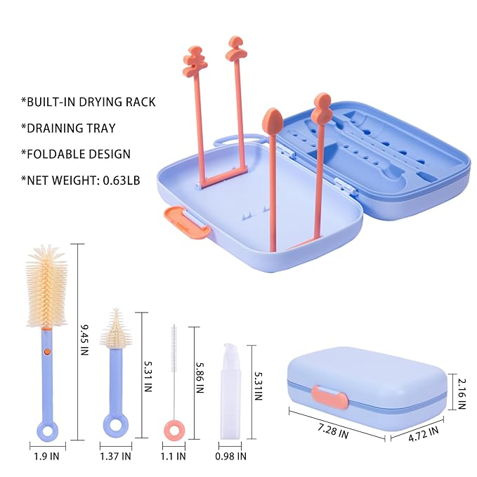 Suvast 7in1 Travel Bottle Cleaner kit with Baby Bottle Brush and Bottle Drying Rack,Swift Cleaning, Easy Portability(Blue)