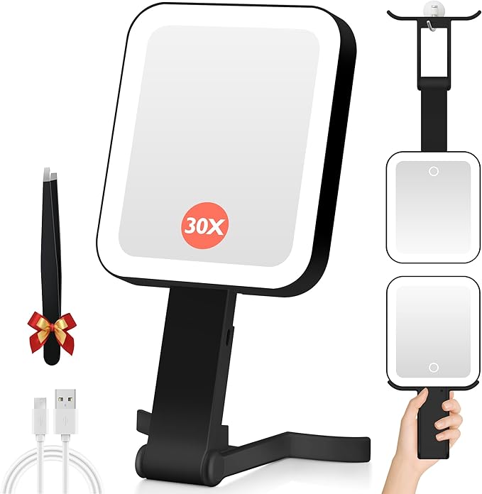 Magnifying Travel Mirror with Light, 30X/1X Double-Sided Magnifying Mirror with 3 Color Lights, Brightness Adjustable, Foldable Handheld Makeup Mirrors Portable for Travel and Desktop Use,B