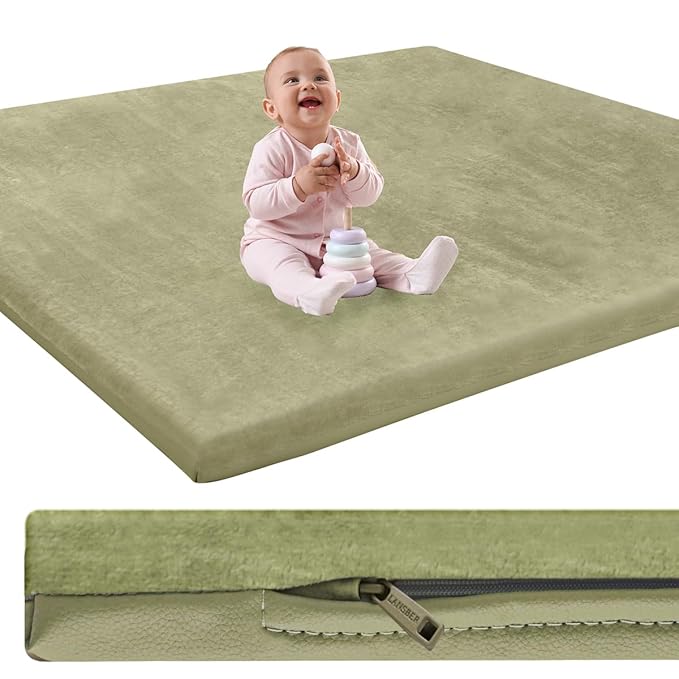 Padded Baby Play Mat for Floor,1.2" Thick 50x50 Play Crawling Mat with Removable Washable Cover,Non Slip Soft Nursery Rug for Toddlers,Infants,Kids, Easy to Clean Yoga Mat, Sage Green