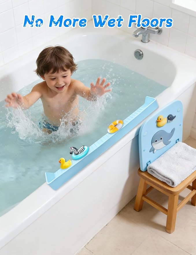 Splash Guard for Bathtub 31.5 Inch Silicone Tub Splash Guard with 11 Suction Cups Foldable Bath Toy Holder & Play Shelf Prevents Water Spills for Standard Tubs (Sky Blue)