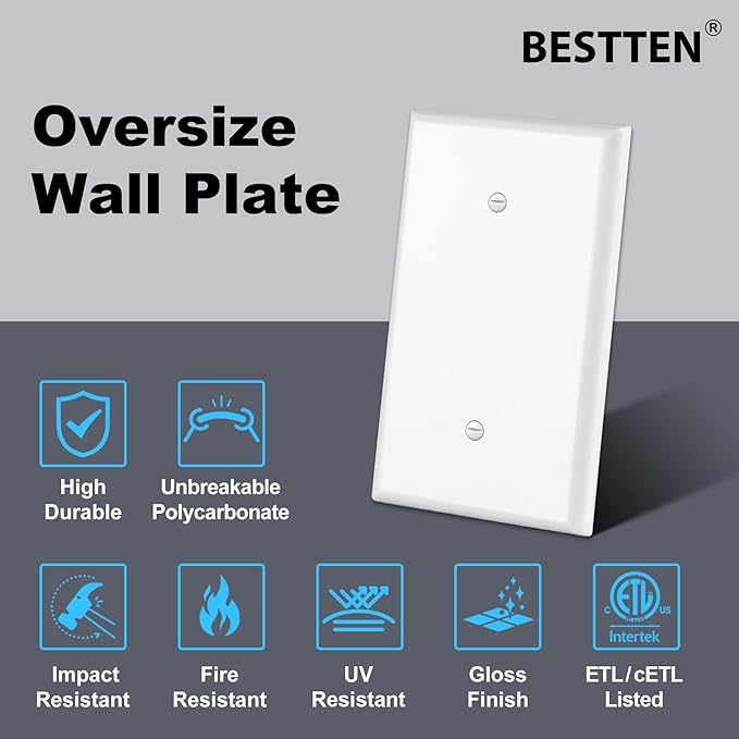 BESTTEN 10 Pack 1-Gang Oversized Blank Wall Plate, Unbreakable Polycarbonate Receptacle Outlet Cover, Gloss Finish, White, ETL Listed