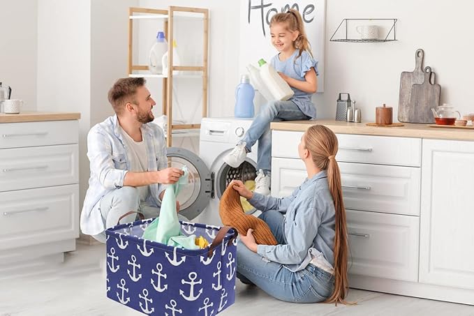 Sanjiaofen Rectangular Kids Storage Bins,Boys Baskets,Collapsible Anchor Organizer Bin with Handles for Nautical Nursery Decor,Clothes Storage,Book Basket,Gift Basket.( Anchor)