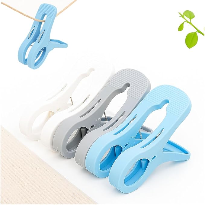 2/3 / 6 Pack Heavy Duty Cruise Towel Clips – Large Beach Chair Clips with 5cm Wide Jaw, Strong Spring Grip & Textured Anti-Slip Teeth for Cruise Ship, RV, Pool, Balcony (White+Gray+Blue,Large*3pcs)