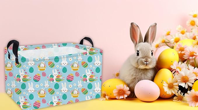 Essme Rectangular Easter Baskets,Pink Easter Storage Basket with Handles for Boys Room Decor, Girls Box,Cute Storage Bin（Blue eggs）