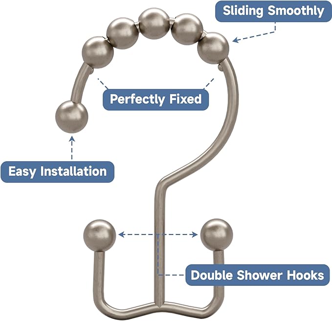 Titanker Shower Curtain Hooks Rings, Rust Resistant Metal Double Glide Shower Hooks Rings for Bathroom Shower Rods Curtains, Set of 24 Hooks - Matte Nickel