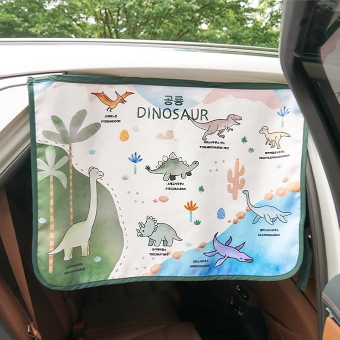 BEBEDECO Magnetic Car Sun Shade Curtain for Side Window – Sun Blocker and UV Protector for Baby, Kids, and Pets – Universal Fit with Built-in Magnets for Steel-Framed Door (Magnet-Dino Friends)