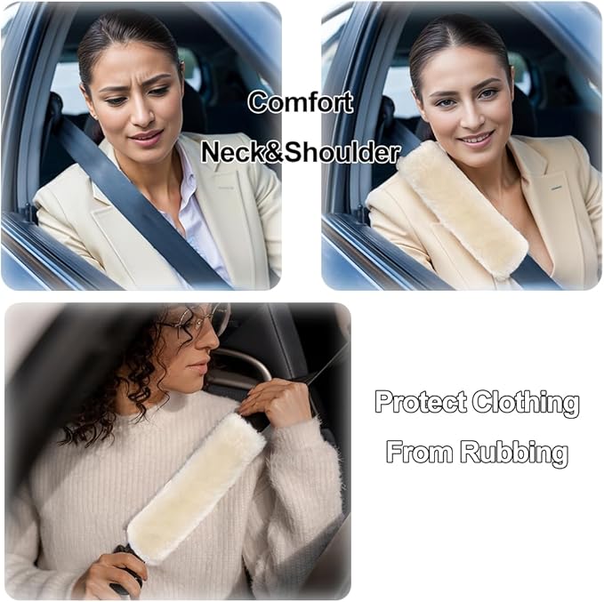 Fluffy Fuzzy Genuine Sheepskin Car Seat Belt Covers for Soft Auto Lambswool Seatbelt Pads, Shoulder Strap Cushion Adults Kids (2, Light Brown)