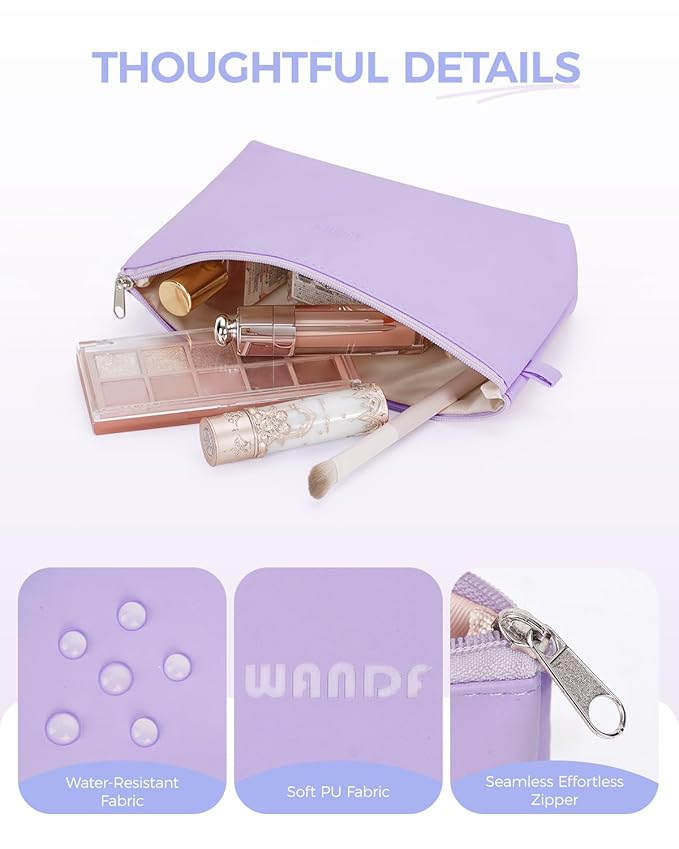 WANDF Cosmetic Bag for Women Makeup bag Organizer Mini Makeup Pouch for Purse Water Resistant Leathe Small(M-Purple)