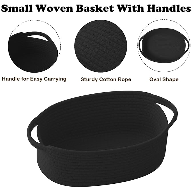 Small Woven Rope Basket-Empty Gifts Basket with Bag and Ribbons,Cute Handle Organizer Box for Birthday/Baby Shower, Toy Storage, Nursery Organizing & Shelf Decor(Black)