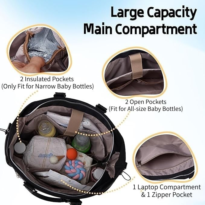 Diaper Bag Tote, Large Tote Baby Diaper Bag with 15.6" Laptop Compartment and Insulated Pockets, Crossbody Hospital Bags (Black)