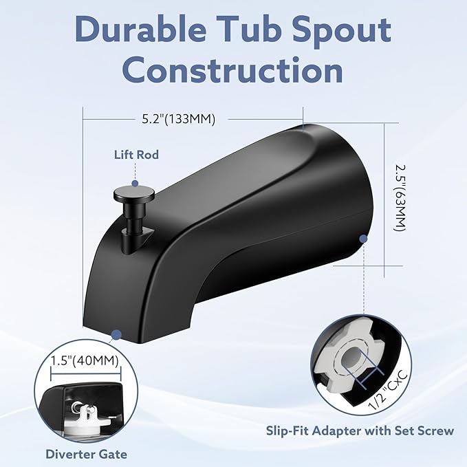 Tub Spout with Diverter – Slip-Fit Bathtub Faucet Spout Replacement, 1/2” Copper Pipe Connection, Easy to Install, Universal for Bathroom Shower (Matte Black)