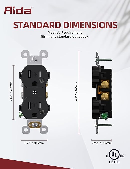 AIDA Duplex Receptacle Outlet, Tamper Resistant & Weather Resistance Outlets, Residential, 3-Wire, Self-Grounding, 15Amp 125V, UL Listed, Black (50 Pack)