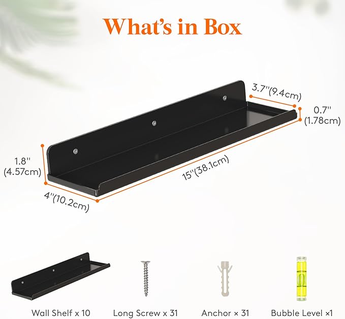 Lifewit Floating Shelves for Bathroom, 15" Clear Wall Organizer for Makeup, Perfume, Figures, Photo, Decor Shelf for Nursery, Living Room, Bedroom, Kitchen, Over Toilet Storage Rack, Black, 10 Pack