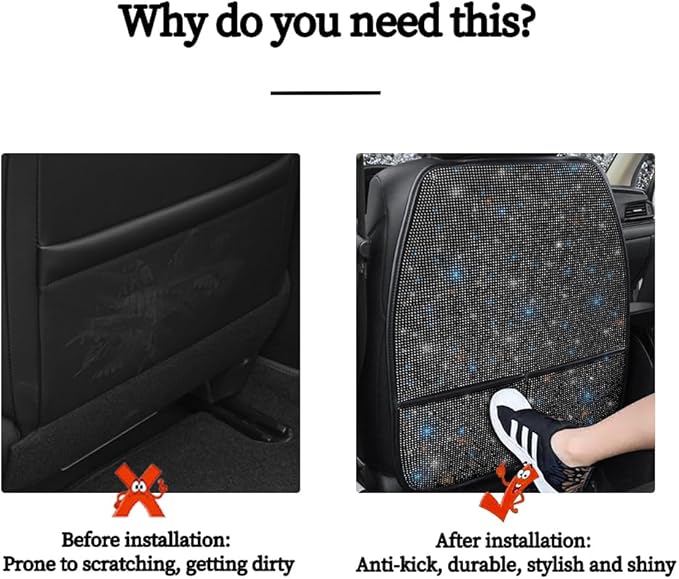 Diamond Bling Car Seat Kick Mats with Storage – Back Seat Protectors with Sparkly Rhinestones for Girls & Women, Crystal Kick Covers for Automotive Interior Accessories Black 2pcs