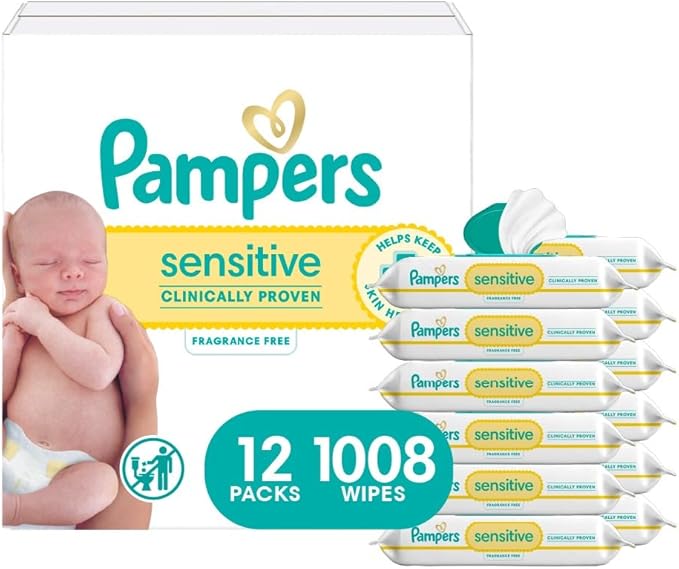 Pampers Sensitive Baby Wipes, Water Based, Clinically Proven, Hypoallergenic, and Unscented for Babies, 1008 Wipes Total (12 Flip-Top Packs) [Packaging May Vary]