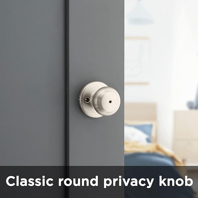 Kwikset Cove Interior Privacy Door Knob with Lock, Door Handle For Bathroom and Bedroom, Satin Nickel Keyless Turn Lock Doorknob, with Microban Protection