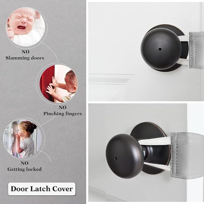 PONY DANCE Baby Door Latch Cover Closer - Nursery Door Silencer with Strong Elastic Straps, Thick Solid Cushion for Noise Reduction, Prevents Slamming, 3 Pieces, 4W x 2L Inches, Silver Grey