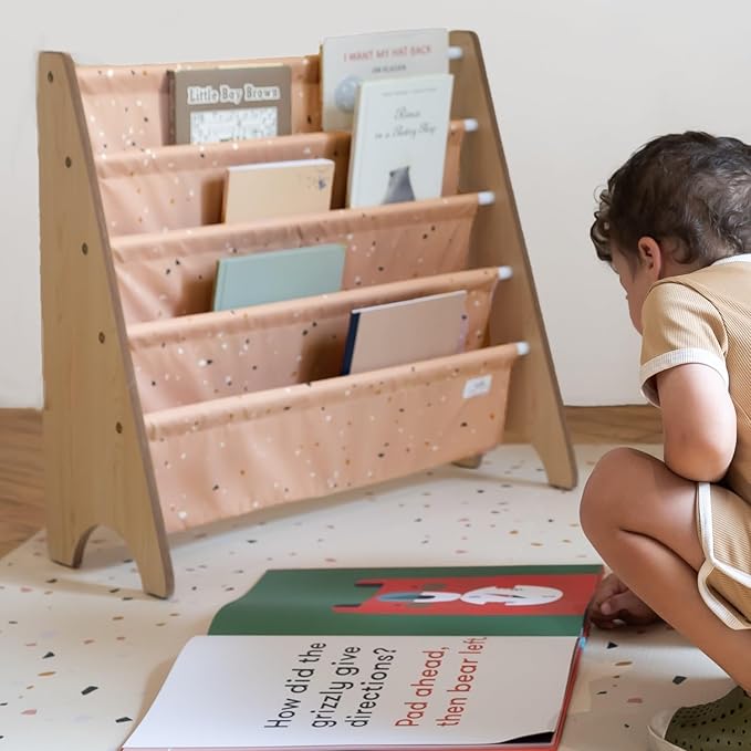 3 Sprouts Recycled Fabric Kids Bookshelf – 4-Tier Sling Book Rack Organizer - Nursery Room Playroom Classroom Wooden Book Shelves - Kid Bookcase Wood Storage Shelf for Toddler Age 3+ - Terrazzo Clay