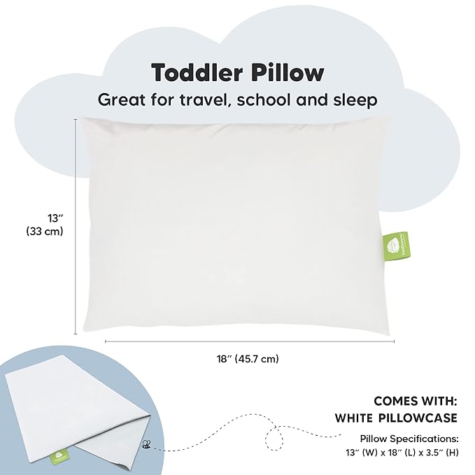 Toddler Pillow with Pillowcase - 13x18 My Little Dreamy Kids Travel Bed Pillows for Sleeping, Organic Cotton Small Pillowcase, Soft & Breathable, Machine Washable, Toddlers 2-5 Years Old (Soft White)