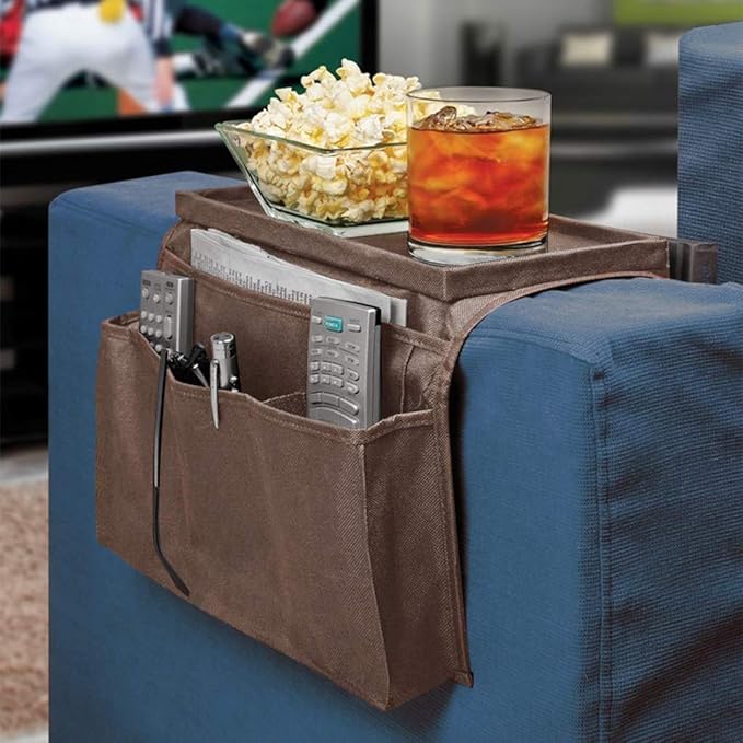 Brown Classic Functional Sofa Caddy Bedside Organizer with 8 Pockets TV Remote Holder Bed Storage Pocket Bag for Cellphone Tablet Notepad Book Magazines DVD Glasses