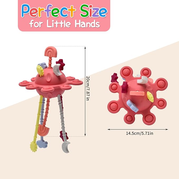 Little Rawr Silicone Baby Sensory Montessori Toys & Pull String Toys for 18 M+, Toddler Birthday Gift Car Seat Airplane Travel Toy for 1 2 Year Old Boy Girl Infant 18+ Months Old (Red)