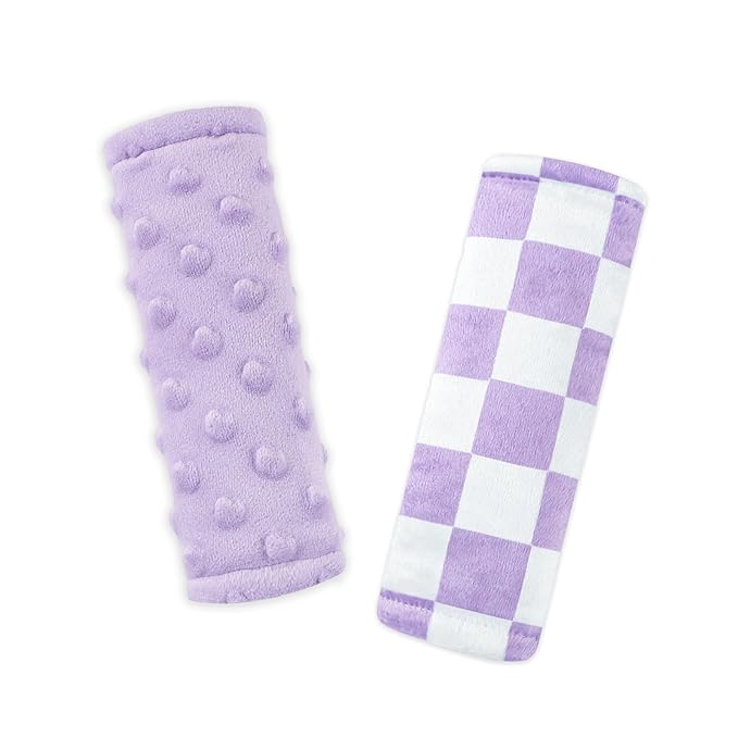 DILIMI Baby Car Seat Belt Covers, 2Pcs Carseat Shoulder Strap Pads, Soft Minky Car Seat Neck Covers, Newborn Car Seat Strap Protectors, Stroller Strap Covers for Baby Kids, Purple Checkered